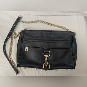 Black Leather Crossbody Bag with Gold Chain Accent